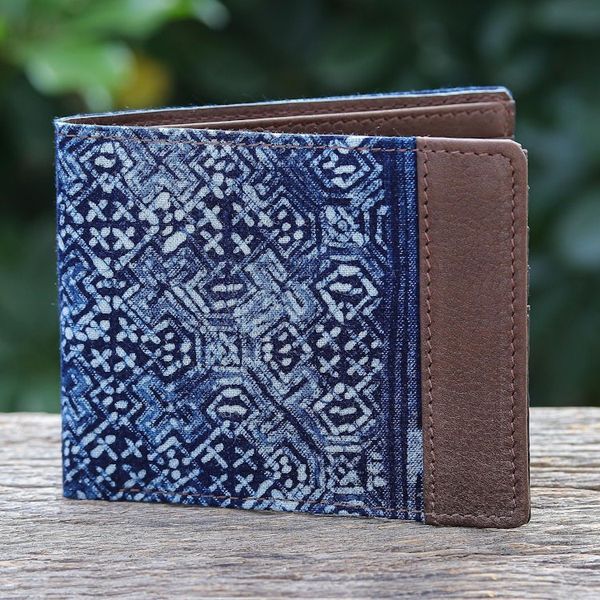 Alternate image for Hand Crafted Navy Cotton and Leather Batik Wallet Sandy Shores in Brown