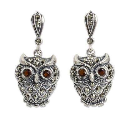 Alternate image for Thai  Silver and Marcasite Owl Earrings with Garnet Curious Owl