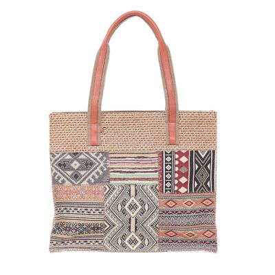 Alternate image for Patchwork Cotton Tote Bag with Leather Handle Chill Night in Yellow