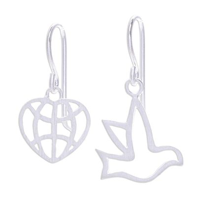 Alternate image for Sterling Silver Dangle Earrings with Bird and Heart Motifs My Peaceful Heart