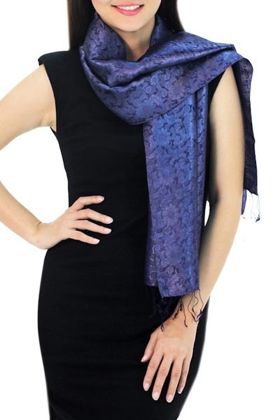 Alternate image for Dark Blue Woven Floral Scarf from Thailand Navy Blue Bouquet