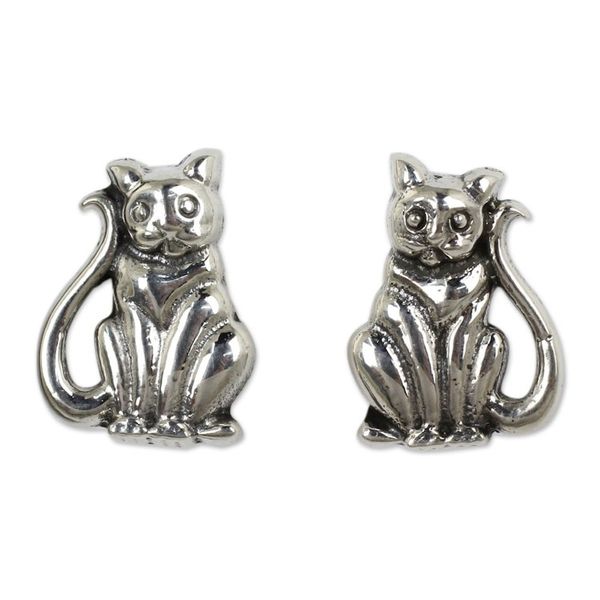 Alternate image for Cat Theme Hand Crafted Sterling Silver Button Earrings Contented Kittens
