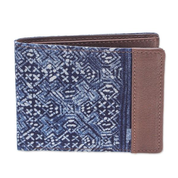 Alternate image for Hand Crafted Navy Cotton and Leather Batik Wallet Sandy Shores in Brown