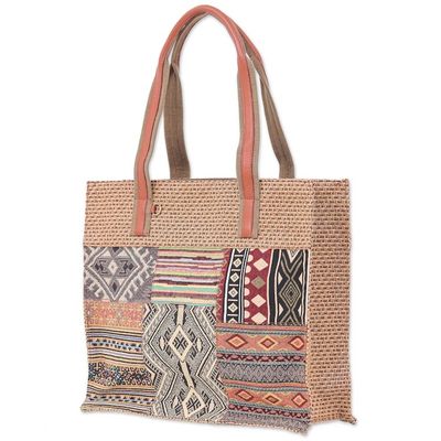 Alternate image for Patchwork Cotton Tote Bag with Leather Handle Chill Night in Yellow