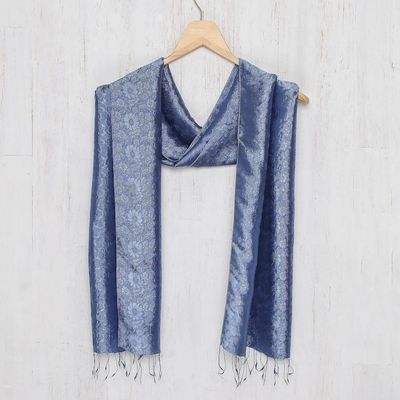 Alternate image for Dark Blue Woven Floral Scarf from Thailand Navy Blue Bouquet