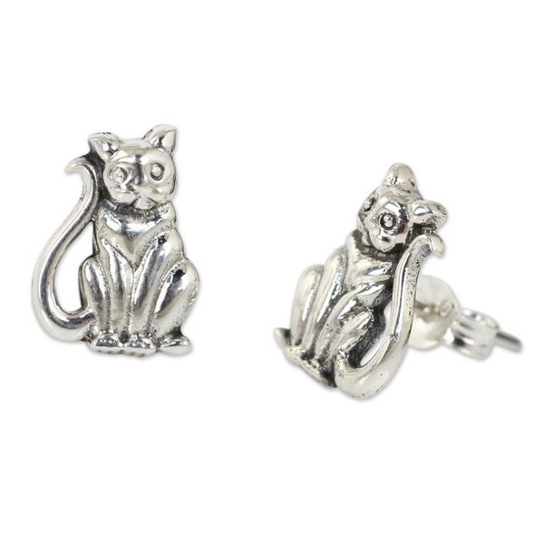 Alternate image for Cat Theme Hand Crafted Sterling Silver Button Earrings Contented Kittens
