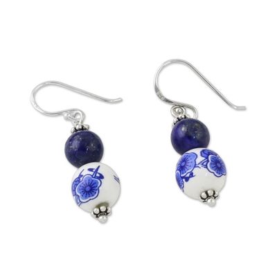 Alternate image for Artisan Handmade 925 Sterling Silver Lapis Lazuli Earrings Ming Lotus
