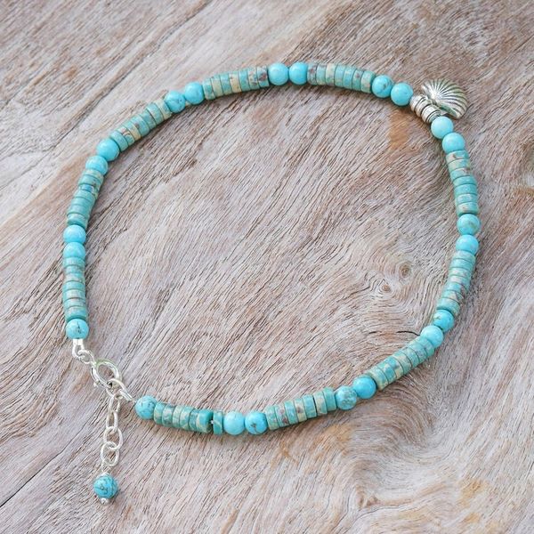Alternate image for Reconstituted Turquoise Beaded Anklet with Silver Charm Oceanic Charm