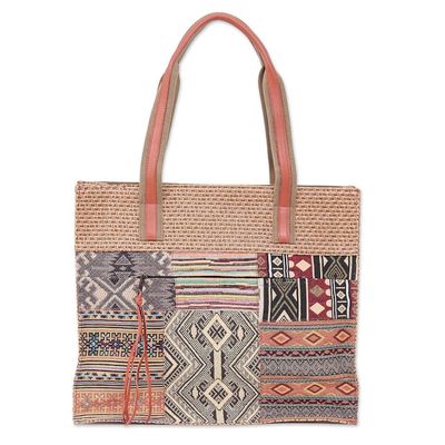 Alternate image for Patchwork Cotton Tote Bag with Leather Handle Chill Night in Yellow