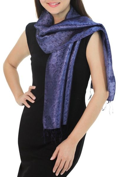 Alternate image for Dark Blue Woven Floral Scarf from Thailand Navy Blue Bouquet