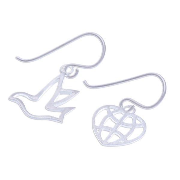 Alternate image for Sterling Silver Dangle Earrings with Bird and Heart Motifs My Peaceful Heart