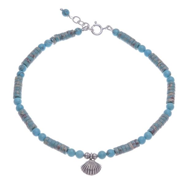 Alternate image for Reconstituted Turquoise Beaded Anklet with Silver Charm Oceanic Charm