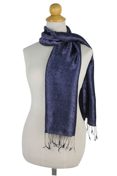 Alternate image for Dark Blue Woven Floral Scarf from Thailand Navy Blue Bouquet