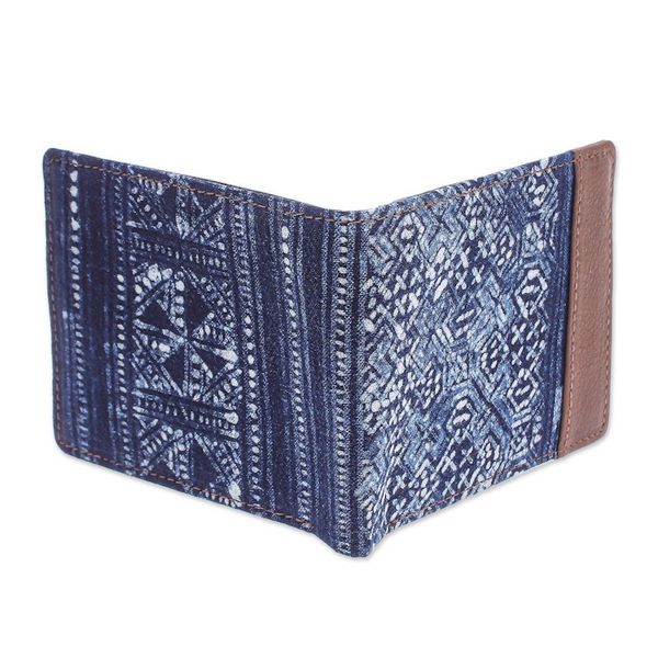 Alternate image for Hand Crafted Navy Cotton and Leather Batik Wallet Sandy Shores in Brown