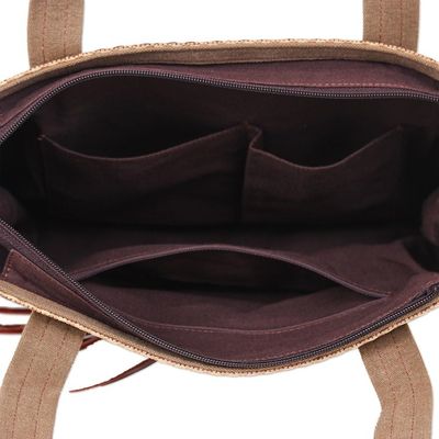 Alternate image for Patchwork Cotton Tote Bag with Leather Handle Chill Night in Yellow