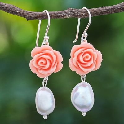 Alternate image for Cultured Pearl and Sterling Silver Rose Earrings Water Rose
