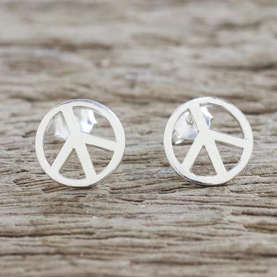 Alternate image for Handcrafted Sterling Silver Stud Earrings with Peace Sign Sign of Peace