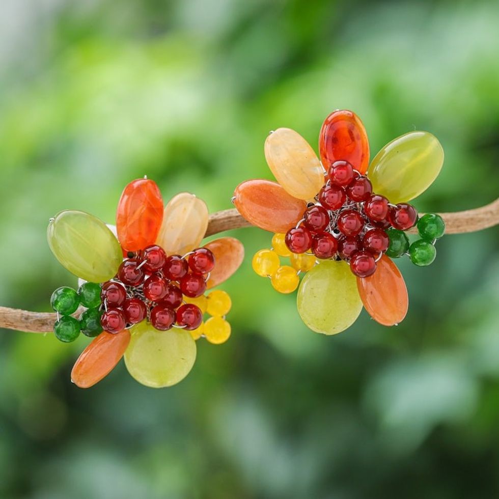 Red and Green Floral Quartz and Serpentine Clip-On Earrings 'Summer Petals'