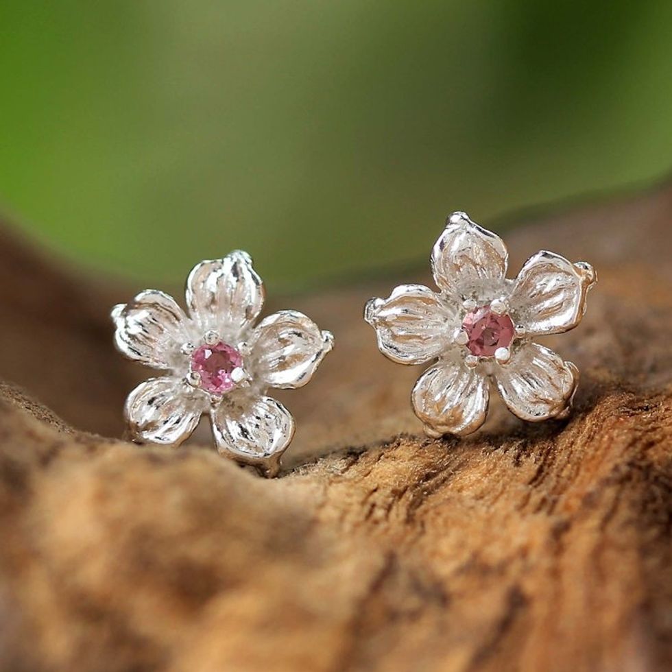 Sterling Silver Pink Tourmaline Floral Stud Earrings 'Winter Blooms'