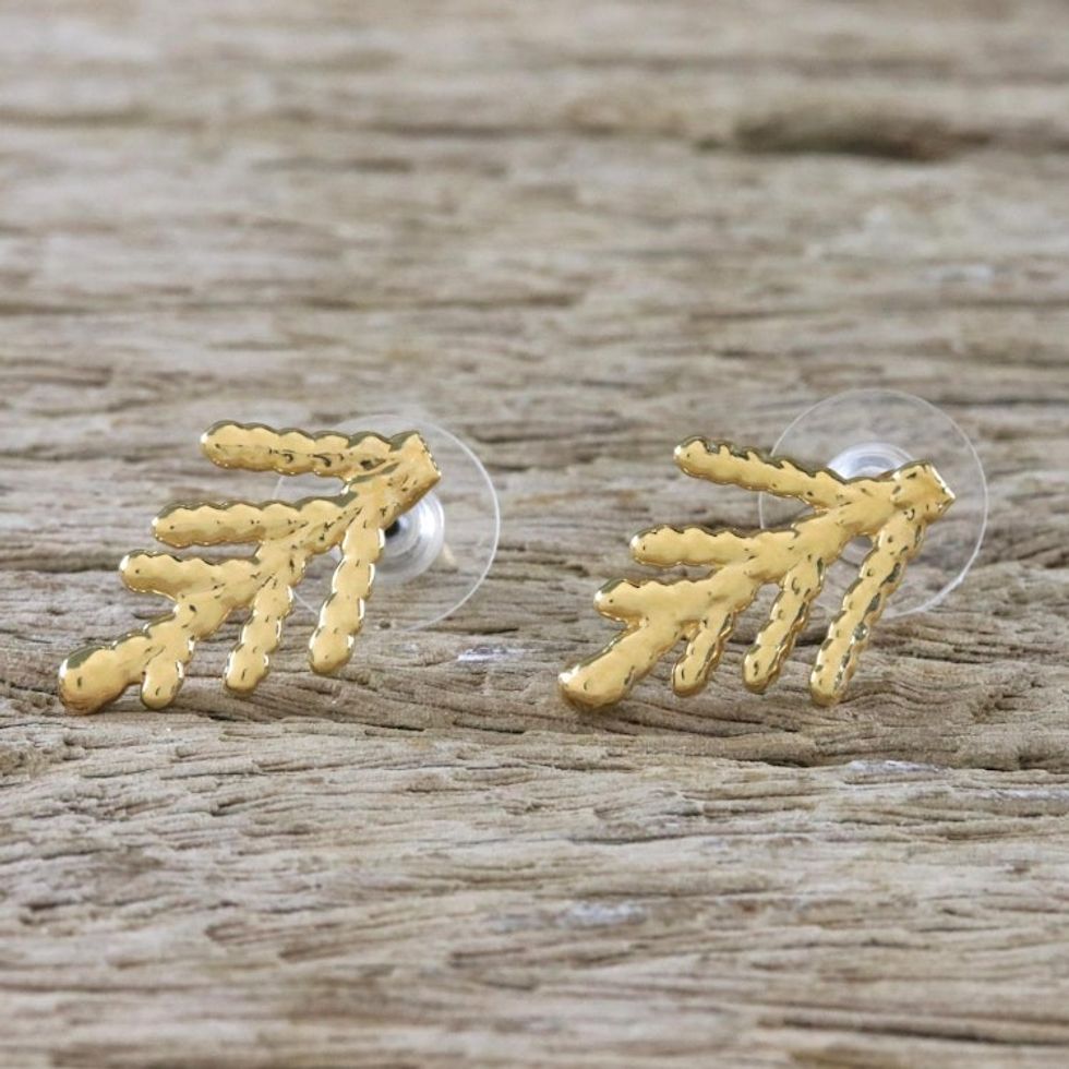 Gold Plated Natural Cypress Leaf Button Earrings 'Natural Needles'