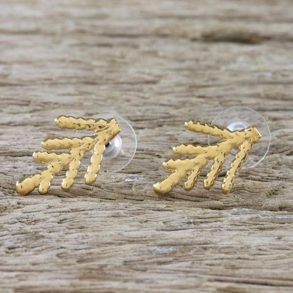 Alternate image for Gold Plated Natural Cypress Leaf Button Earrings Natural Needles
