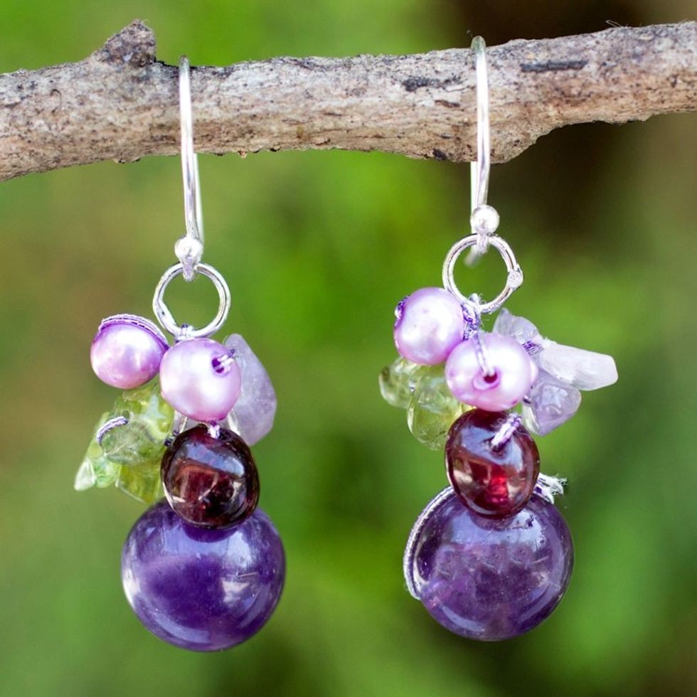 Handcrafted Amethyst and Pearl Dangle Earrings 'Bright Bouquet'