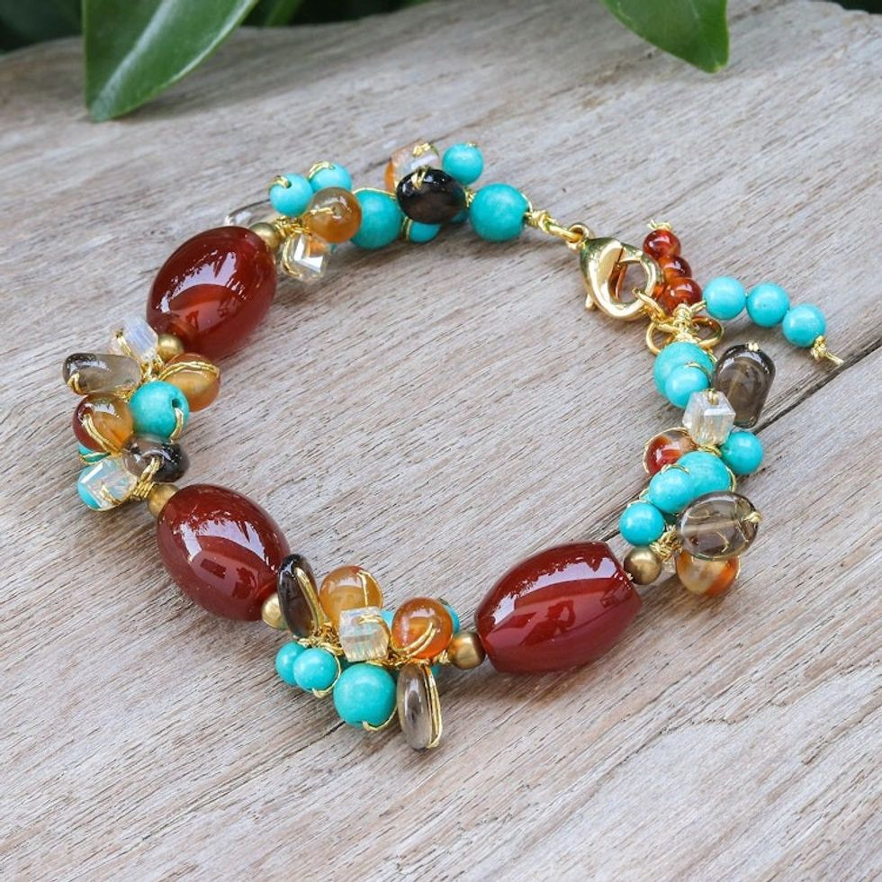 Gold-Accented Multi-Gemstone Beaded Bracelet from Thailand 'Autumn Honey'