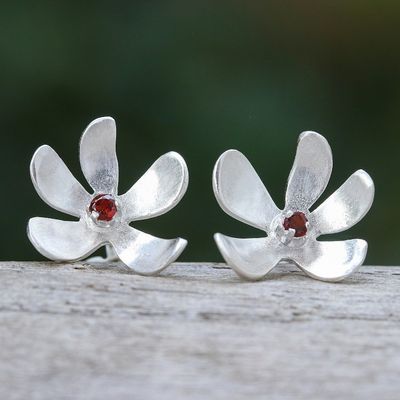 Alternate image for Sterling Silver Floral Stud Earrings with Garnet Stones Indian Cork Tree Flower