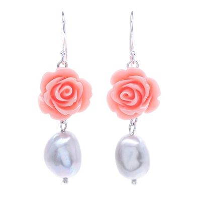 Alternate image for Cultured Pearl and Sterling Silver Rose Earrings Water Rose