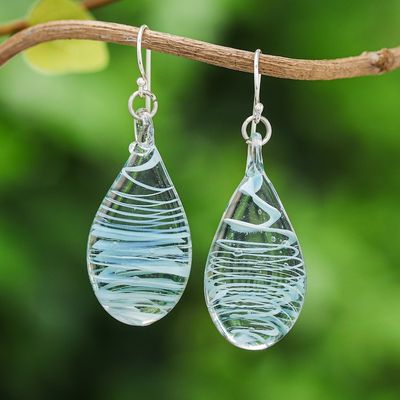 Alternate image for Handblown Glass Dangle Earrings with Blue  White Spirals Blue Ovate Leaf