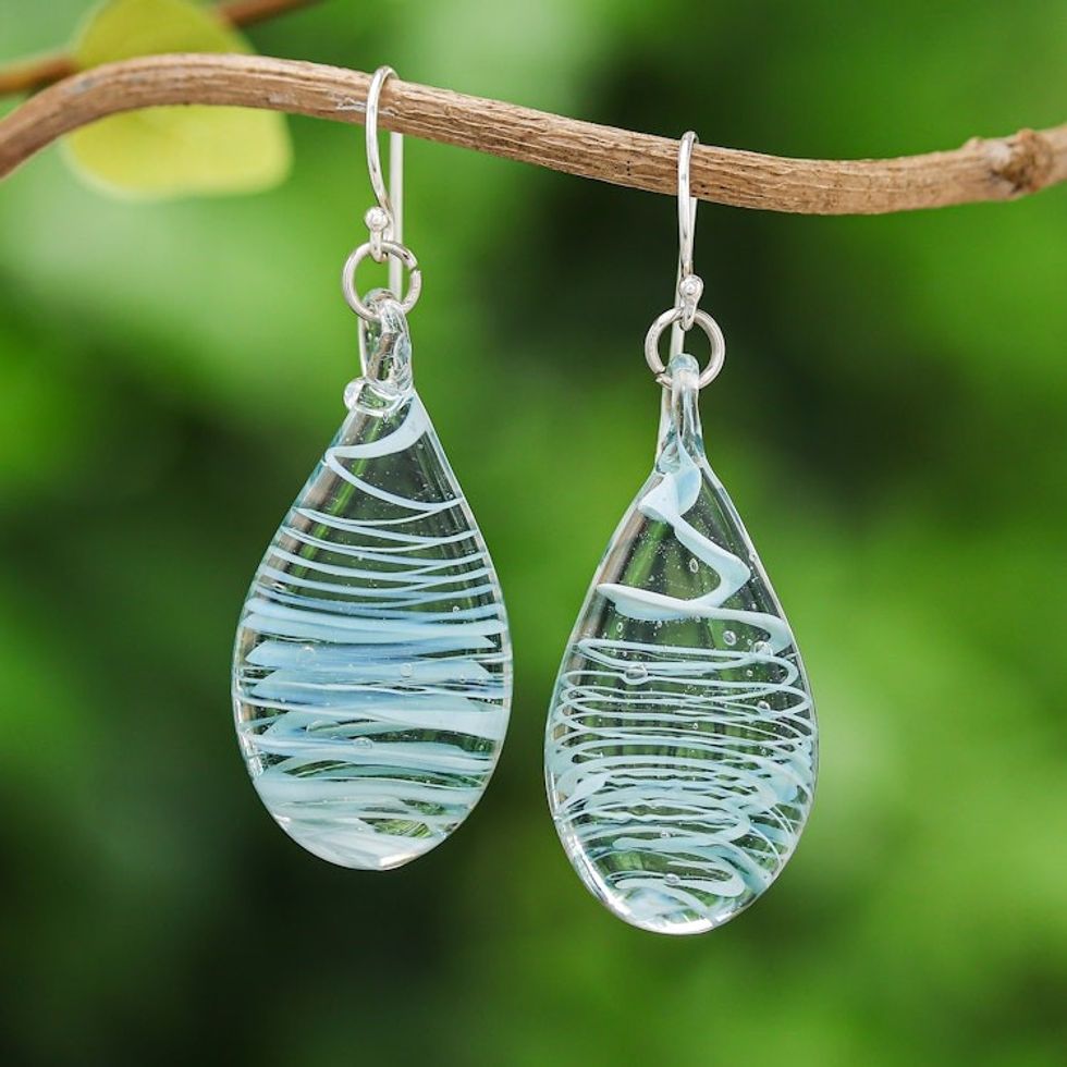 Handblown Glass Dangle Earrings with Blue White Spirals 'Blue Ovate Leaf'