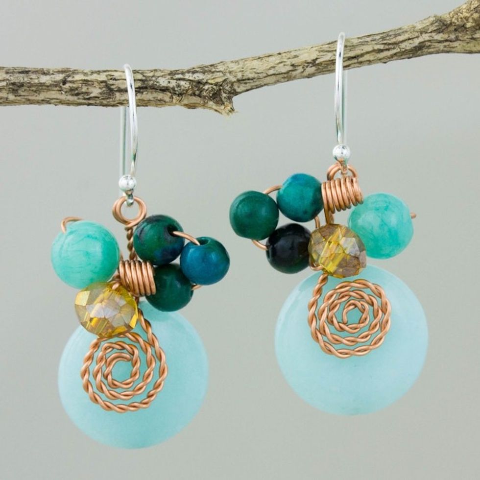 Serpentine Quartz and Glass Bead Dangle Earrings with Copper 'Moonlight Garden in Aqua'