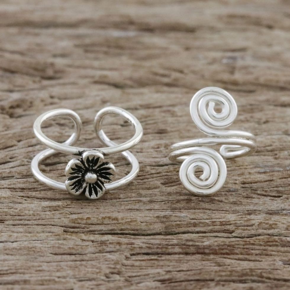 Floral Sterling Silver Ear Cuffs from Thailand 'Flower and Spiral'