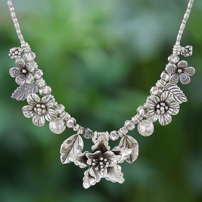 Alternate image for Thai Floral Hill Tribe 950 Silver Beaded Pendant Necklace Exuberant Bouquet