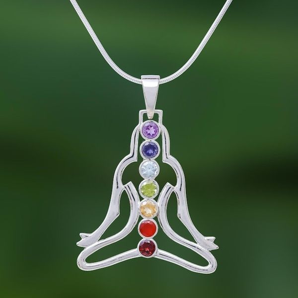 Alternate image for Thai Gemstone and Sterling Silver 7 Chakra Necklace Seven Chakra Rainbow