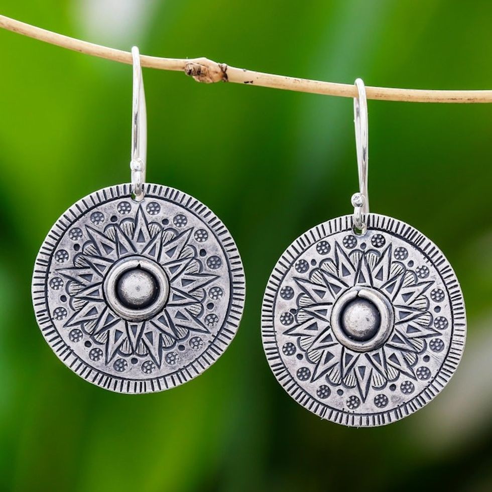Circular Karen Silver Dangle Earrings from Thailand 'Powerful Sun'