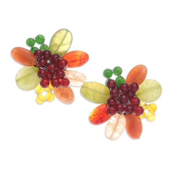 Alternate image for Red and Green Floral Quartz and Serpentine Clip-On Earrings Summer Petals