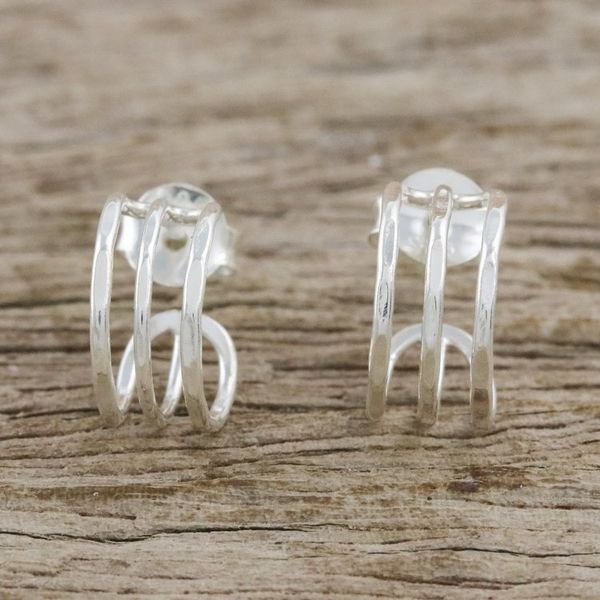 Alternate image for Sterling Silver Openwork Half-Hoop Earrings from Thailand Shining Jai Alai