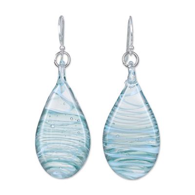 Alternate image for Handblown Glass Dangle Earrings with Blue  White Spirals Blue Ovate Leaf