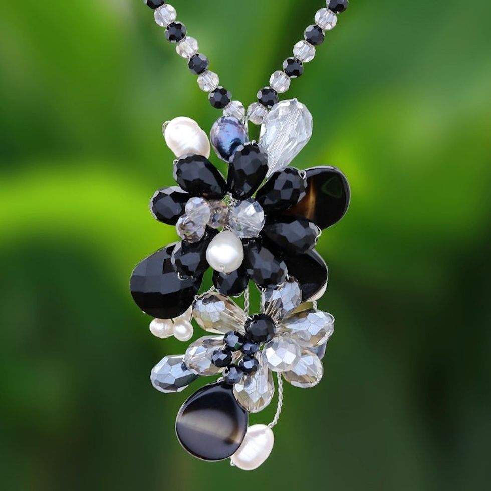 Agate and Cultured Pearl Beaded Cluster Pendant Necklace 'Fascinating Cluster'