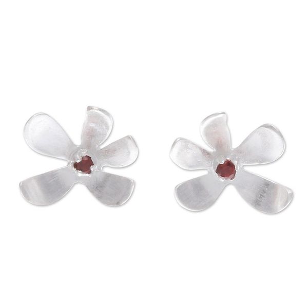 Alternate image for Sterling Silver Floral Stud Earrings with Garnet Stones Indian Cork Tree Flower