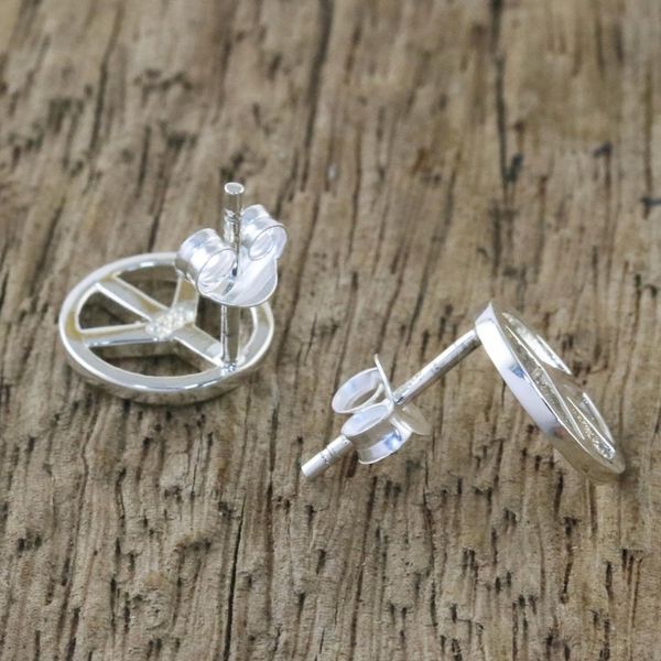 Alternate image for Handcrafted Sterling Silver Stud Earrings with Peace Sign Sign of Peace
