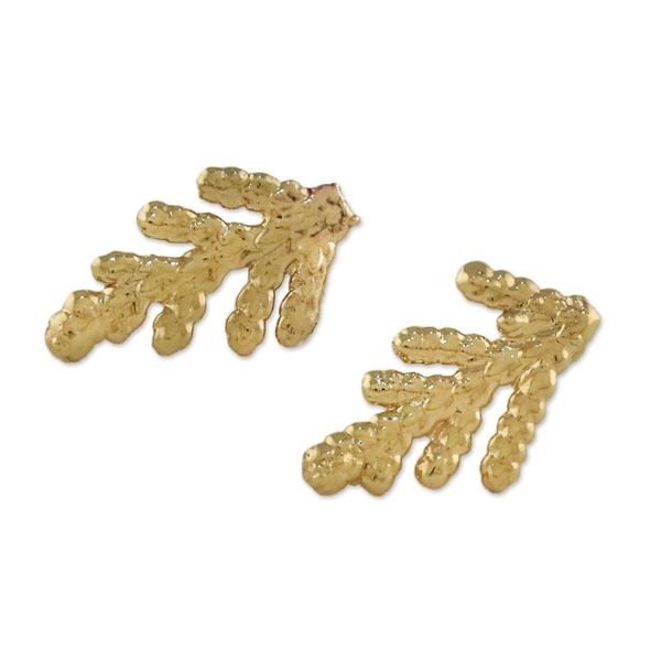 Alternate image for Gold Plated Natural Cypress Leaf Button Earrings Natural Needles
