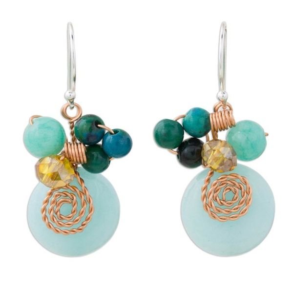 Alternate image for Serpentine Quartz and Glass Bead Dangle Earrings with Copper Moonlight Garden in Aqua