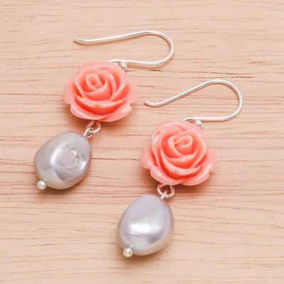 Alternate image for Cultured Pearl and Sterling Silver Rose Earrings Water Rose