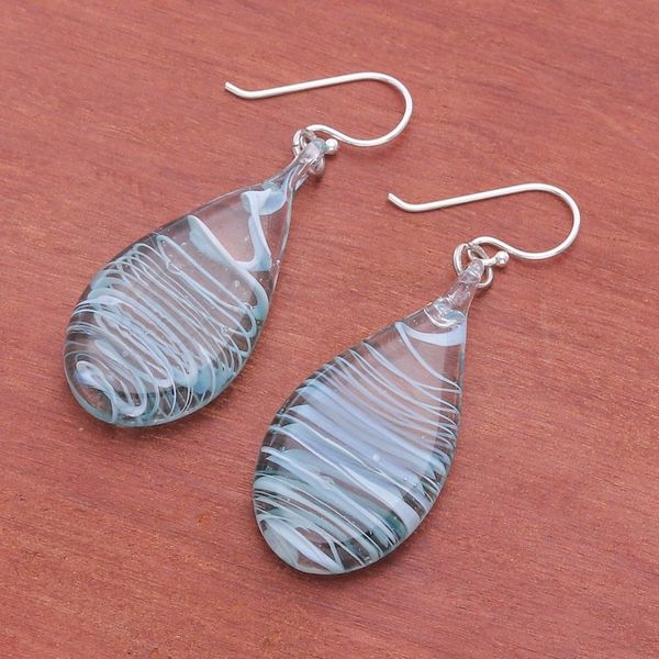 Alternate image for Handblown Glass Dangle Earrings with Blue  White Spirals Blue Ovate Leaf