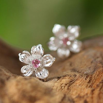 Alternate image for Sterling Silver Pink Tourmaline Floral Stud Earrings Winter Blooms