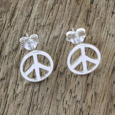 Alternate image for Handcrafted Sterling Silver Stud Earrings with Peace Sign Sign of Peace