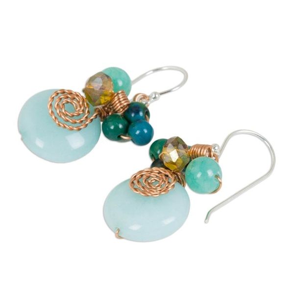Alternate image for Serpentine Quartz and Glass Bead Dangle Earrings with Copper Moonlight Garden in Aqua