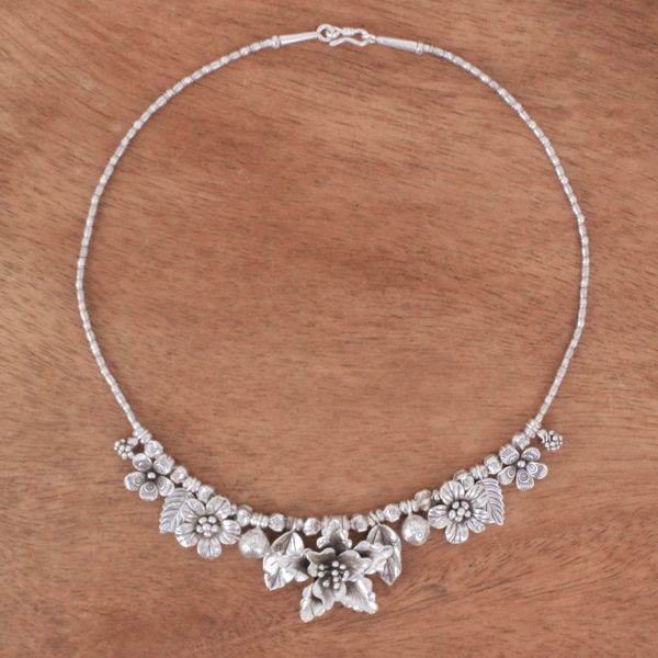 Alternate image for Thai Floral Hill Tribe 950 Silver Beaded Pendant Necklace Exuberant Bouquet